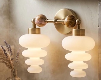 Modern Brass Wall Sconce | Marble and Frosted Glass Light Fixture