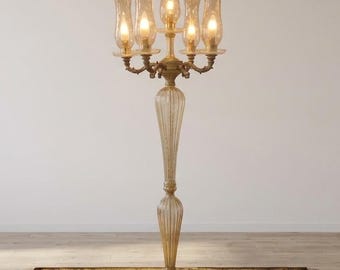 Vintage Floor Lamp Brass Glass Candelabra – Tall Unique Floor Lamp for Living Room Lighting, Handmade Standing Lamp