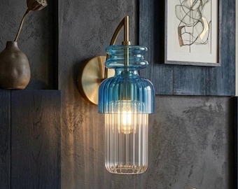 Hand Blown Glass Wall Sconce, Brass Wall Sconce Lighting, Blue Glass Wall Lamp, Ribbed Glass Bedside Wall Light, Modern Wall Mounted Light
