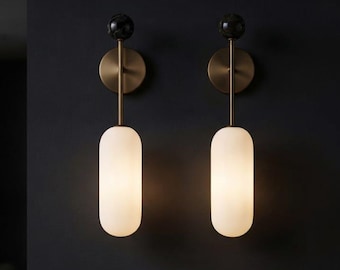 Modern Brass Wall Sconce Pair - Marble Wall Light Set of 2 - Bathroom Vanity Lights- Bedside Wall Lamps - Luxury Wall Lighting