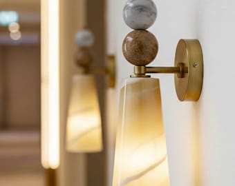 Set of Two Handmade Brass finish sconce lights with Marble Gemstones - Wall sconce indoor - wall lamp - sconce lighting