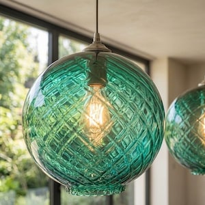 Hand Blown Glass Pendant Light, Ribbed Swirl Design