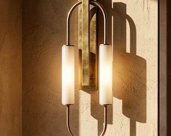 Brass Wall Sconce with Frosted Glass Tube, Bathroom Vanity Light, Modern Glass Wall Light Fixture, Indoor Wall Sconces Lighting