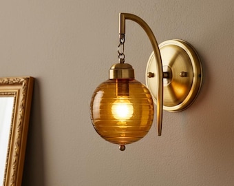Amber Blown Glass Wall Light – Handmade Brass Wall Sconce for Bedroom