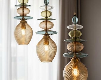 Hand Blown Glass Pendant Light – Vertical Brass Accent Lighting