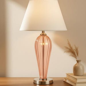 Pink Ribbed Glass Table Lamp with White Shade – Modern Bedside & Living Room Lighting