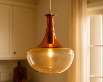Ręcznie robiona lampa wisząca z pomarańczowego szkła dmuchanego – nowoczesna lampa sufitowa z wysoką szyją
