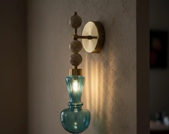 Turquoise Blown Glass Wall Sconce Brass Wall Light, Natural Onyx Stone Lamp, Vintage Bedside Lighting , Handmade Bathroom Vanity Fixture