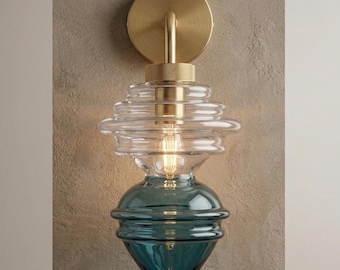 Deap Teal Hand Blown Glass Wall Sconce - Brass Wall Sconce Lighting - Bedside Wall Light, Handmade Wall Mounted Lamp