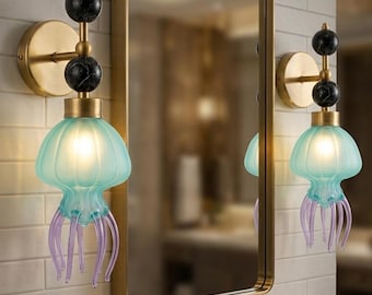 Jellyfish Frosted Glass Wall Sconce – Marble & Blown Glass Light Fixture in Brass Finish –Artisan Ocean-Inspired Wall Lights - coastal decor