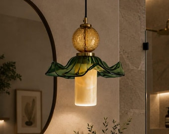 Green Glass Pendant Light, Amber Globe Hanging Lamp, Handmade Art Glass Lighting, Vintage Inspired Bedside Pendant, Luxury Bedroom Light