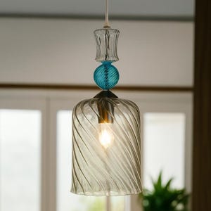 Blown Glass Pendant Light – Clear Ribbed Glass with Blue & Smoky Grey Accent – Handcrafted Lighting for Kitchen or Entryway