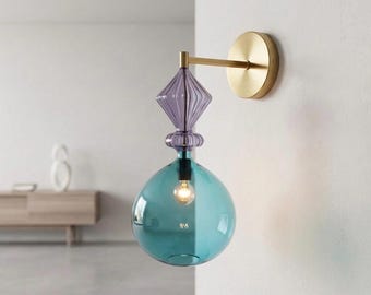 Hand Blown Glass Wall Sconce – Blue Glass Bedside Lamp, Brass Wall Sconce Lighting, Vintage Wall Lamp, Modern Bedroom Wall Light