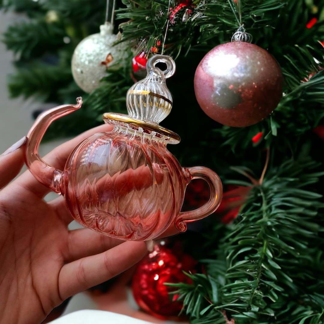 Blush Pink Teapot Christmas Ornaments, 14k Gold Glass Christmas Ornaments Handmade, Heirloom