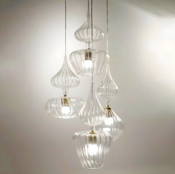Set of 4 Hand Blown Glass Pendant Outdoor Light Fixture for