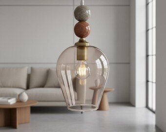 Smoke Glass Pendant Light – Handmade Hanging Lamp with Marble and Brass