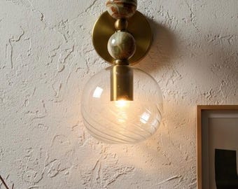 Onyx & Brass Wall Sconce Set of 2 – Blown Glass Wall Light Fixture – Modern Bedroom Lamp