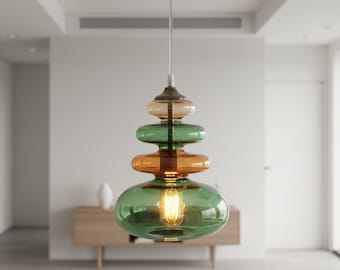 Hand-Blown Multi-Color Glass Pendant Light, Green Amber Modern Hanging Lamp