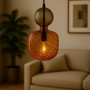 Hand Blown Orange Glass Pendant Light – Swirled Glass Pendant Lighting – Modern Hanging Light Fixture for Kitchen, Living Room, or Bedroom