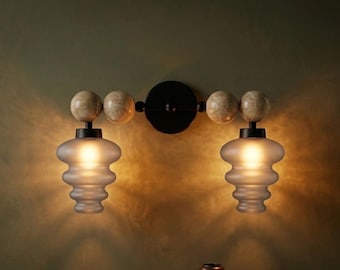 Modern Wall Sconce with Frosted Grey Double Glass | Marble and Frosted Glass Light Fixture