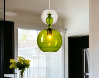 Green & Crystal colored handmade modern pendant Light , Deco light fixture , Hanging lamp for Dining room lights , hand blown glass pendant