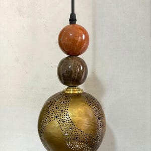 Modern Hanging Lighting for Home - Handmade Brass Light Pendant with Gemstone Accents – Unique Perforated Brass Design