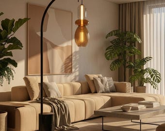Amber Glass Floor Lamp with Marble Base | Handmade Arc Standing Lamp | Modern Living Room Lighting | Bedside Lamp | Warm Ambient Light