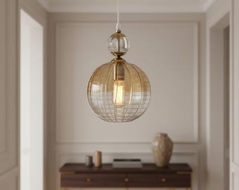 Soft Gold Engraved Glass Pendant Light – Handmade Hanging Lamp