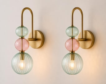 Luxury Bathroom Vanity Light – Handmade Blown Glass Wall Sconce, Modern Brass Bathroom Lighting, Pink & Turquoise Glass Wall Lamp