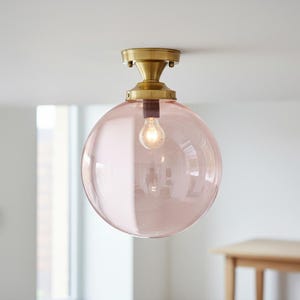Luminária de teto embutida em vidro rosa soprado à mão – Luminária de teto redonda em vidro rosa claro