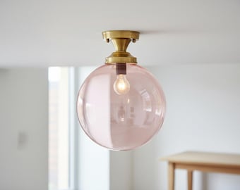 Hand Blown Pink Glass Flush Mount Light – Round Blush Glass Ceiling Fixture
