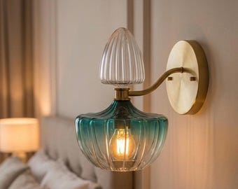 Modern Glass Wall Lamp - Hand Blown Glass Wall Sconce - Brass Wall Sconce Lighting - Glass Bedside Wall - Sconces