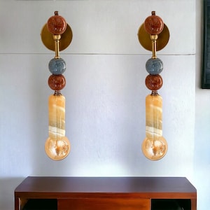 Set of Two Handmade Brass finish sconce lighting with Marble Gemstones - Wall sconce indoor - wall lamp - sconce lighting