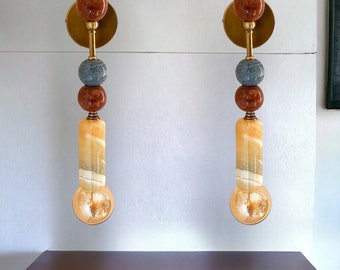 Set of Two Handmade Brass finish sconce lighting with Marble Gemstones - Wall sconce indoor - wall lamp - sconce lighting