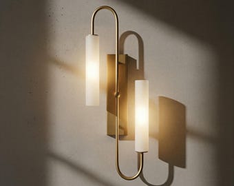 Brass Wall Sconce, Frosted Glass Wall Light - Double Glass Tube Sconce- Bathroom Vanity Lighting - Art Deco Wall Lamp - Modern Brass Fixture