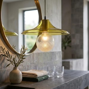 Hand-Blown Yellow Glass Pendant Light – Engraved Globe Hanging Lamp