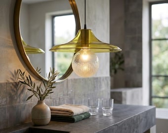 Hand-Blown Yellow Glass Pendant Light – Engraved Globe Hanging Lamp