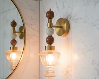 Blown Glass Wall Sconce Brass Wall Light, Natural Onyx Stone Vanity Lamp, Vintage Bedside Wall Lighting, Handmade Bathroom Fixture