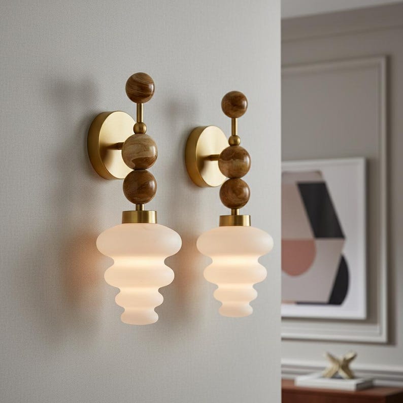 Handmade Onyx and Frosted Glass wall sconce - Brass Finish Light Fixture - Artisan Wall Lighting image 5