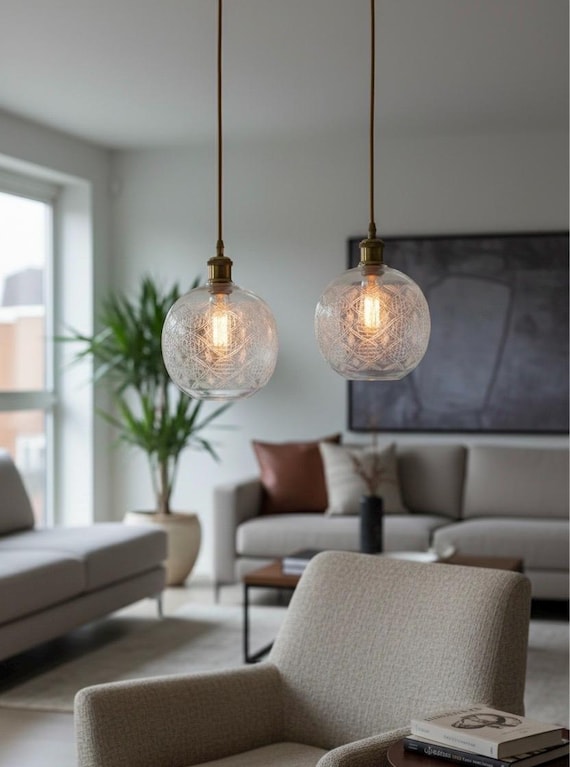 Kitchen Island Light – Full Engraved Glass Pendant Light, Hanging Lamp, Modern Ceiling Lamp