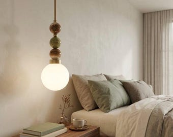 Frosted Blown Glass & Natural Marble Stones Pendant Light – Modern Hanging Bedroom Ceiling Lamp