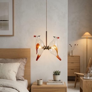 Blown Glass Bird Pendant Light – Clear Glass Ceiling Fixture – Unique Handcrafted Lighting for Entryway, or Studio Space - Artisan lighting