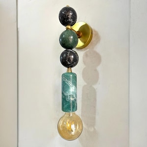 Black Marble Wall Sconce – Handmade Brass & Green Natural stone wall light fixture - Custom Marble Lighting