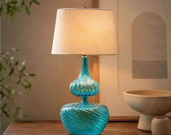 Blue Glass Table Lamp, Blown Glass Lamp, Aqua Blue Bedside Lamp, Handmade Glass Lighting, Modern Table Lamp, Artistic Glass Lamp