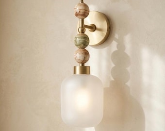 Frosted Glass wall sconce with Natural onyx stones - Brass Finish Light Fixture - Artisan Wall Lighting