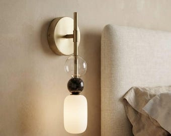 Modern Brass Wall Sconce - Hand Blown Glass Wall Light - Bathroom Vanity Light - Bedside Wall Lamp - Luxury Glass Wall Sconce