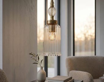 Ribbed Glass Pendant Light – Handmade Clear Hanging Lamp with Brass Hardware