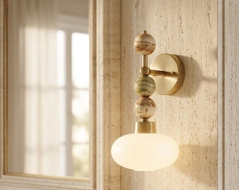 Frosted Glass wall light with Natural onyx stones - Brass Finish Light Fixture - Artisan Wall Lighting - wall sconce