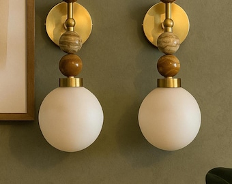 Frosted Blown Glass & Natural Marble stones  wall lamp - bathroom light fixture - sconce light - over mirror light
