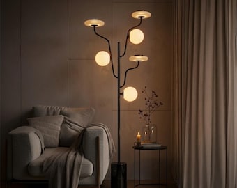 Lámpara de pie moderna con base de mármol, globo de cristal esmerilado, lámpara de pie con múltiples brazos, iluminación decorativa para sala de estar, lámpara de pie hecha a mano